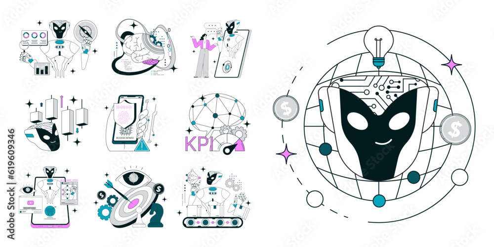 Sticker impact of artificial intelligence on business set. ai-powered production