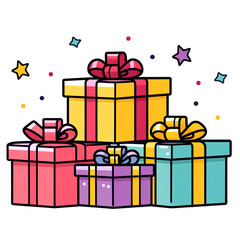 Multiple gift boxes cartoon style illustration vector art isolated on transparent background. Digital illustration generative AI.