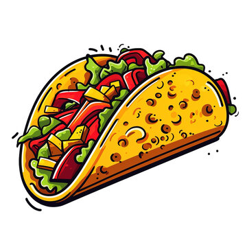 Mexican food taco cartoon style illustration isolated on transparent background. Digital illustration generative AI.