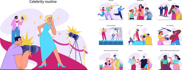 Celebrity routine set. Movie or music star, famous person work and life