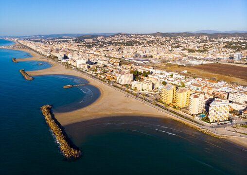 View from drone of Cunit beach and mediterranean sea at Catalonia, Spain