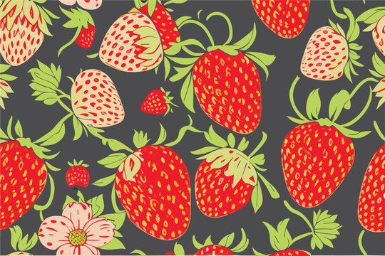 Vector pattern with red and white 
berries of strawberry and 
green leaves on black background.