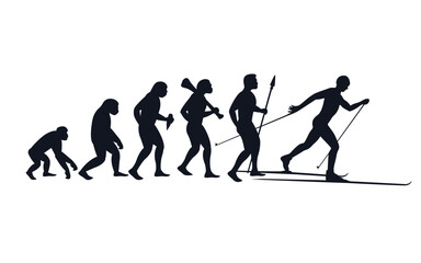 Fototapeta na wymiar Evolution from primate to skier. Vector sportive creative illustration