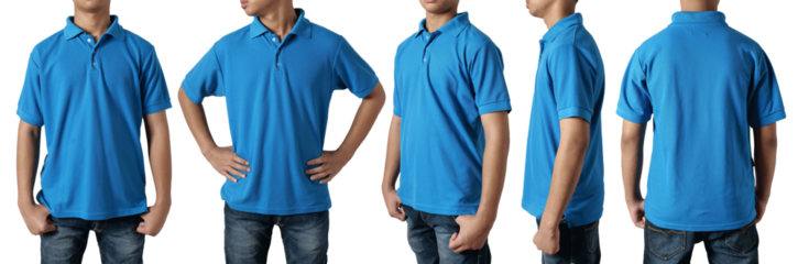 Blank collared shirt mock up template, front side and back view, Asian teenage male model wearing plain blue t-shirt isolated on white. Polo tee design mockup presentation for print
