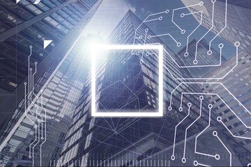 Double exposure of artificial Intelligence and modern skyscrapers