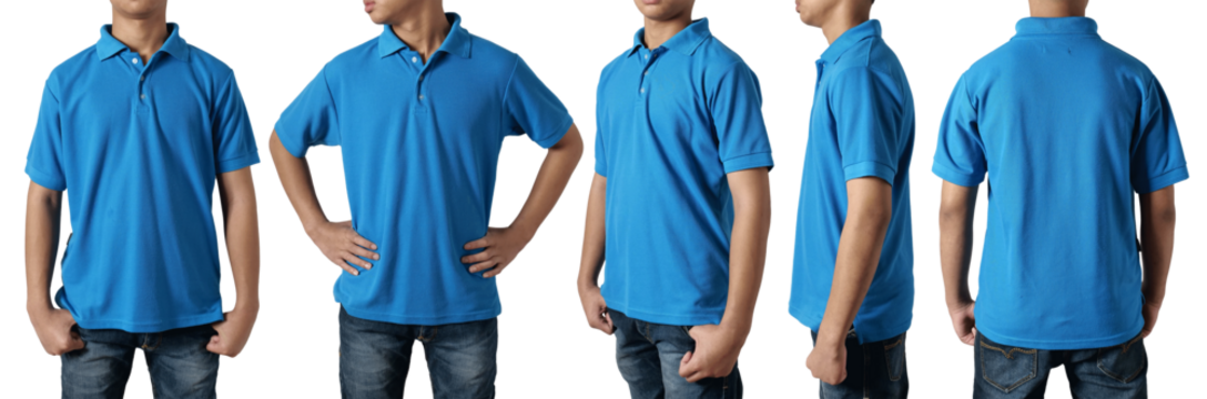 Blank collared shirt mock up template, front side and back view, Asian teenage male model wearing plain blue t-shirt isolated on white. Polo tee design mockup presentation for print
