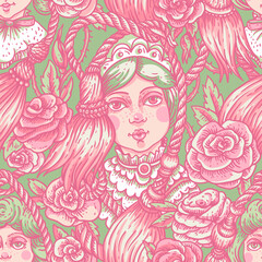 Vintage green and pink doll seamless pattern, vector flowers, needlework cartoon texture