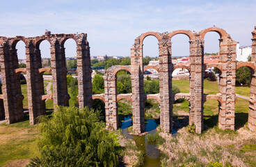 Aerial view of ancient roman stone aqueduct in Merida, Spain