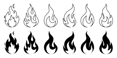 Fire icon collection set. Fire flame symbol. Bonfire silhouette logotype. Fire set Logo design vector set illustration