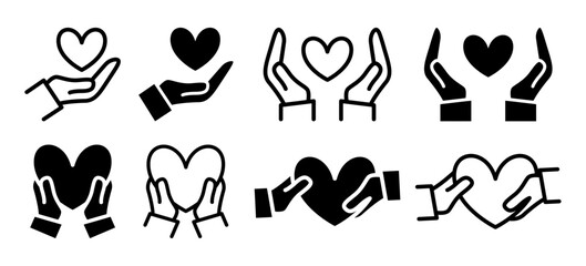 Heart in hand icons collection set. Hands holding heart icon. Love icon. Health, medicine symbol. Vector illustration