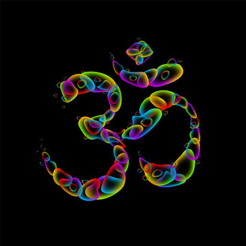 Vector Om Hindu lucky symbol of rainbow bubbles on black background
