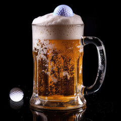 Frothy beer mug on a black background with golf ball ice cube
