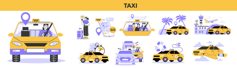 Taxi service set. Online taxi order in mobile application. Yellow taxi car