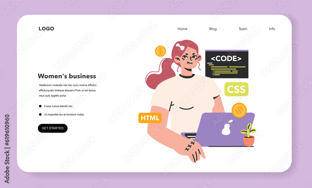 Poster software developer web banner or landing page. female programmer
