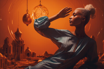 Abstract concept. Portrait of a young woman. Behind the girl is a virtual Arabic city. Islam and science fiction. Warm, bright tones of orange, caramel, ocher, terracotta. The very sharp shadows