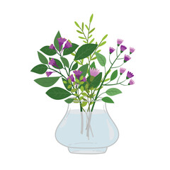 Hand drawn bouquet of flowers in a glass vase on a white background.