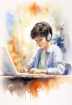 Illustration of school boy using a laptop at school.