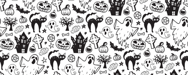 Halloween seamless pattern. Vector artwork background with holiday symbols of the day of the dead. Cute autumn design. Scary horror sketch art. Magic wallpaper illustration with ghost and pumpkin - 619611582