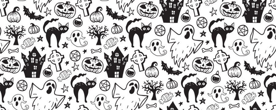 Halloween seamless pattern. Vector artwork background with holiday symbols of the day of the dead. Cute autumn design. Scary horror sketch art. Magic wallpaper illustration with ghost and pumpkin