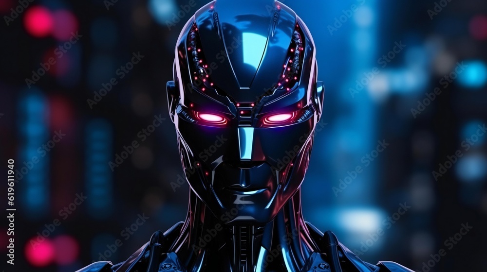 Poster a close-up of a futuristic robot with glowing red eyes
