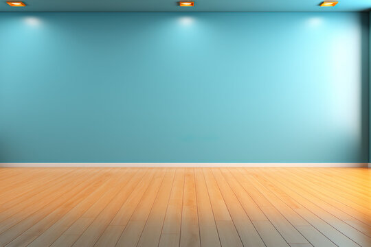 Empty room space, blue wall, wooden floor, space for text and advertisements