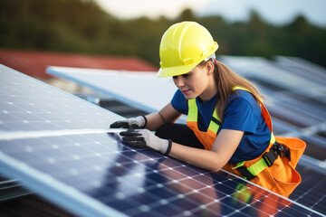 Woman technician installing solar panels on a roof, setting up photovoltaic solar panel system, sustainable energy home concept, maintenance, female