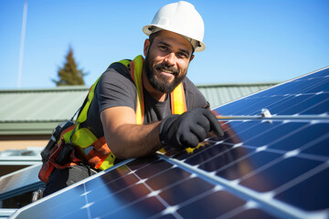 Technician installing solar panels on a roof, setting up photovoltaic solar panel system, sustainable energy home concept, maintenance