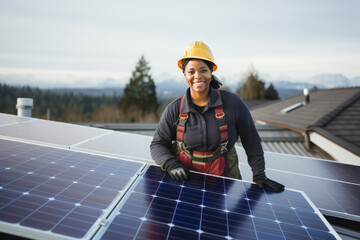 African american woman technician installing solar panels on a roof, setting up photovoltaic solar panel system, sustainable energy home concept, maintenance, female, black woman