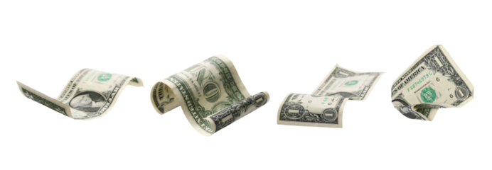 Set of flying one dollar banknotes isolated on white, clipping path