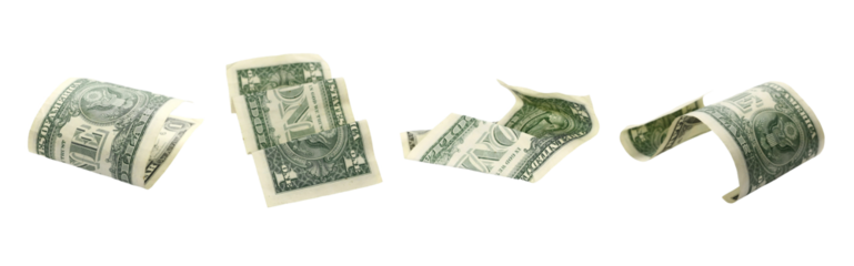 Set of flying one dollar banknotes isolated on white, clipping path