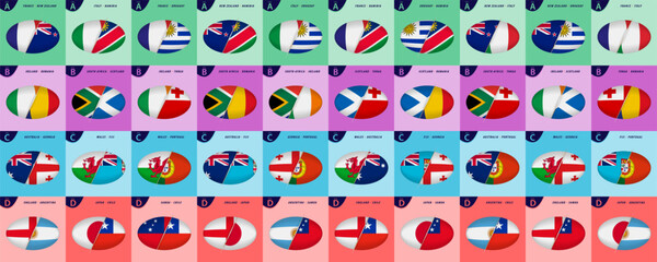 Collection of Rugby icons for international competition 2023, all games versus icon of group stage in shape of rugby ball.