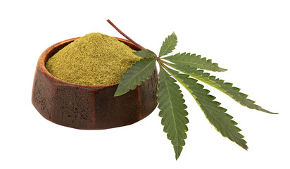 Marijuana or Cannabis ruderalis leaf and powder on transparent background.