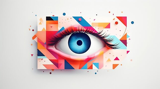 A colorful eye surrounded by abstract shapes