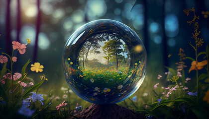 Fototapeta na wymiar Natural world shown in the glass globe Generative by Ai