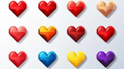 A variety of colorful hearts on a blank white background