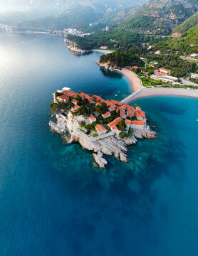 Aerial view of Sveti Stefan in the evening - Sveti Stefan, Montenegro