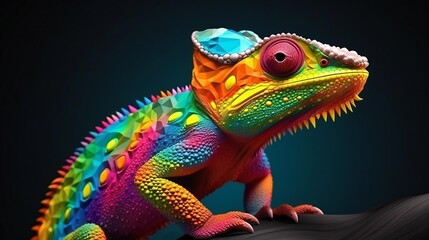 Fototapeta premium A vibrant chameleon perched on a branch in a colorful jungle setting