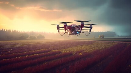 Fototapeta premium Drone sprayer flies over the field. Smart farming and precision farming.Generative AI