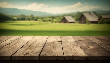 The empty wooden brown table top with blur background of farm and barn. Exuberant image. Generative AI