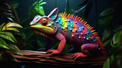 Fototapeta premium A vibrant chameleon perched on a branch in a colorful jungle