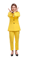 Beautiful businesswoman in suit rejecting on white background