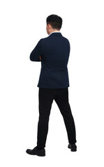 Businessman in suit posing on white background, back view