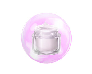 Cosmetic container cream and giant soap bubbles in 3D illustration PNG transparent