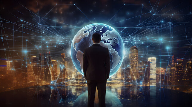 Businessman generating wireframe business global network connection on worldwide digital marketing customer data analytics. Globalization strategy and smart city technology virtual AI theme
