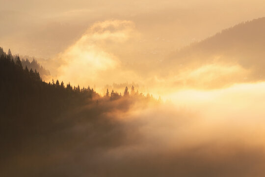 Ukraine, Ivano Frankivsk region, Verkhovyna district, Dzembronya village, Foggy Carpathian Mountains landscape at sunset - Powered by Adobe