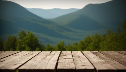 The empty wooden brown table top with blur background of Mount landscape. Empty tabletop for design against the background of the mountains and woods. Generative AI