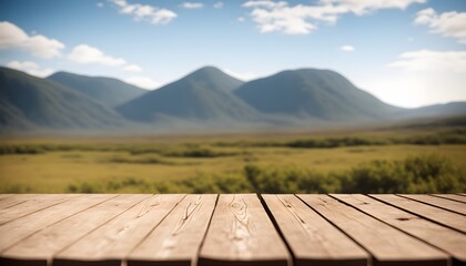 Fototapeta na wymiar The empty wooden brown table top with blur background of Mount landscape. Empty tabletop for design against the background of the mountains and woods. Generative AI