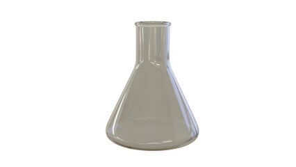 Empty Erlenmeyer chemical flask isolated on white and transparent background. Science concept. 3D render