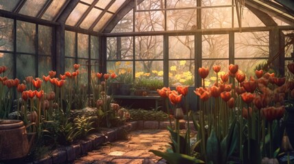greenhouse with tulips.Neural network AI generated. 