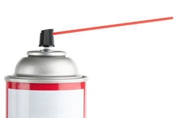 Fototapeta premium Spray, aerosol bottle. Contact cleaner. Electronics cleaner to clean and protect electrical systems. Spray bottle and red straw with air for computer, keyboard cleaning. Auto detailing. Electric wire